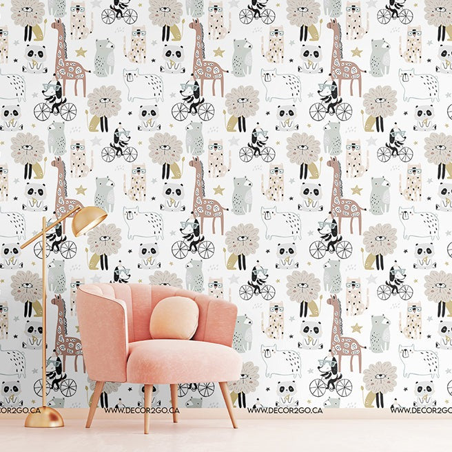 A stylish room featuring a peach-colored armchair and a gold floor lamp placed against a Animals in Town Wallpaper Mural decorated with patterns of animals in town and trees by Decor2Go Wallpaper Mural.