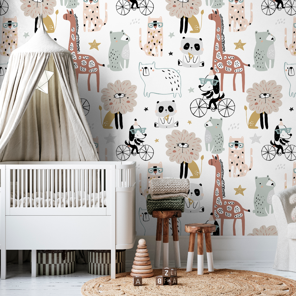 A cozy nursery with the "Decor2Go Wallpaper Mural" featuring a white crib, a teepee, toy blocks, a stool, and a basket with blankets.