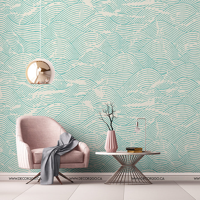 Living Room - Blue, turquoise wave wallpaper in the living room