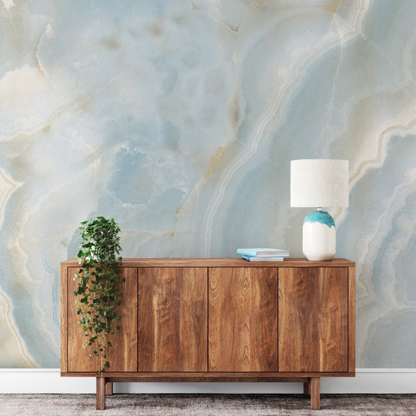 Marble stone light blue wallpaper in a foyer entry