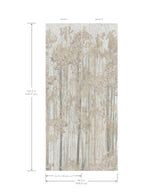 The Aspen Grove Beige Wallpaper Mural by York Wallcoverings features two vertical panels that create a muted botanical wall, together measuring 134.4" H x 66.5" W (each panel is 32.25" W). Measurements are labeled on the mural.