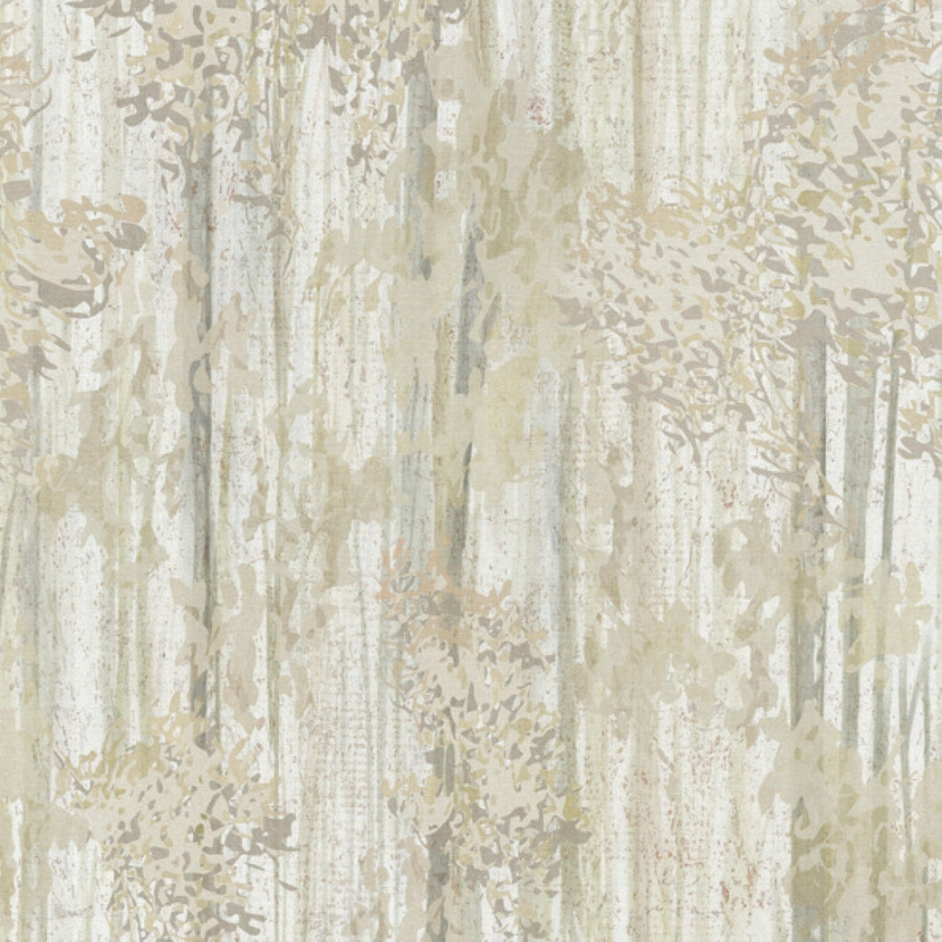 The Aspen Grove Beige Wallpaper Mural (2 Panels) by York Wallcoverings features a soft beige, grey, and cream abstract pattern inspired by a textured forest—creating a subtle, organic backdrop ideal for a botanical feature wall.