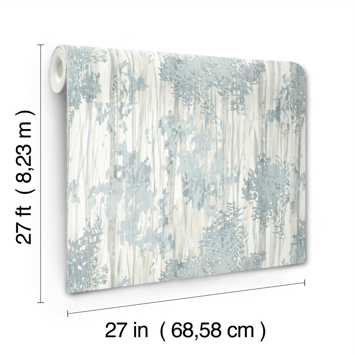 Aspen Grove Blue Wallpaper by York Wallcoverings features a subtle blue and white watercolor nature pattern. Each roll covers 60 SqFt and measures 27 feet long by 27 inches wide.