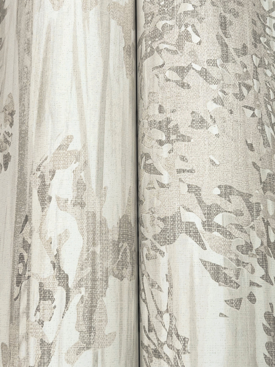 Close-up of Aspen Grove Grey Wallpaper by York Wallcoverings, featuring an abstract, textured pattern in light brown and tan tones that evokes a subtle, organic design reminiscent of botanical wallpaper. Covers 60 SqFt.