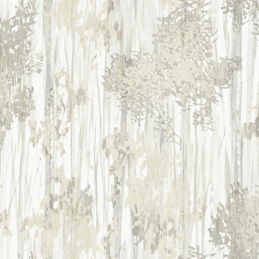 The Aspen Grove Grey Wallpaper by York Wallcoverings features an abstract botanical pattern in soft beige, gray, and off-white tones with blurred leafy shapes and vertical streaks, creating a textured, watercolor-inspired effect. Covers 60 SqFt.