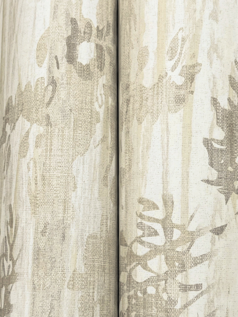 Close-up of Aspen Grove Sand Wallpaper by York Wallcoverings, featuring beige and light gray abstract, floral-like patterns with a central vertical seam. Covers 60 sq ft; reminiscent of botanical wallpaper design.