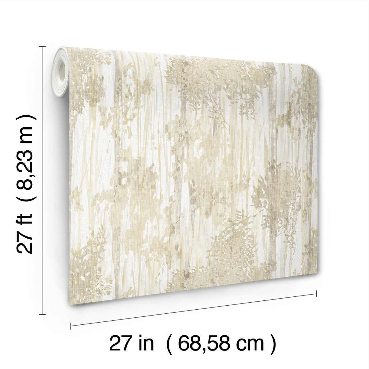 Aspen Grove Sand Wallpaper by York Wallcoverings features a beige leafy pattern. Each roll covers 60 sq ft and measures 27 ft long by 27 in wide.