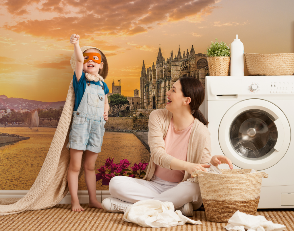 Atardecer en España Wallpaper Mural and the child is paying with mom in the laundry room 