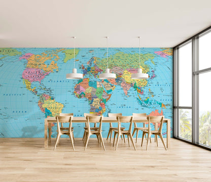 A modern sunny room featuring a Decor2Go Wallpaper Mural on the wall, a wooden table, and six chairs in front of floor-to-ceiling windows overlooking green trees.