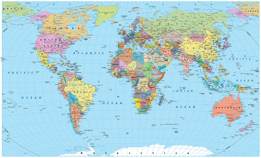 Colorful political world map Decor2Go Wallpaper Mural showing countries in various hues, labeled in black text, with blue oceans and seas, displaying a grid of longitude and latitude lines.