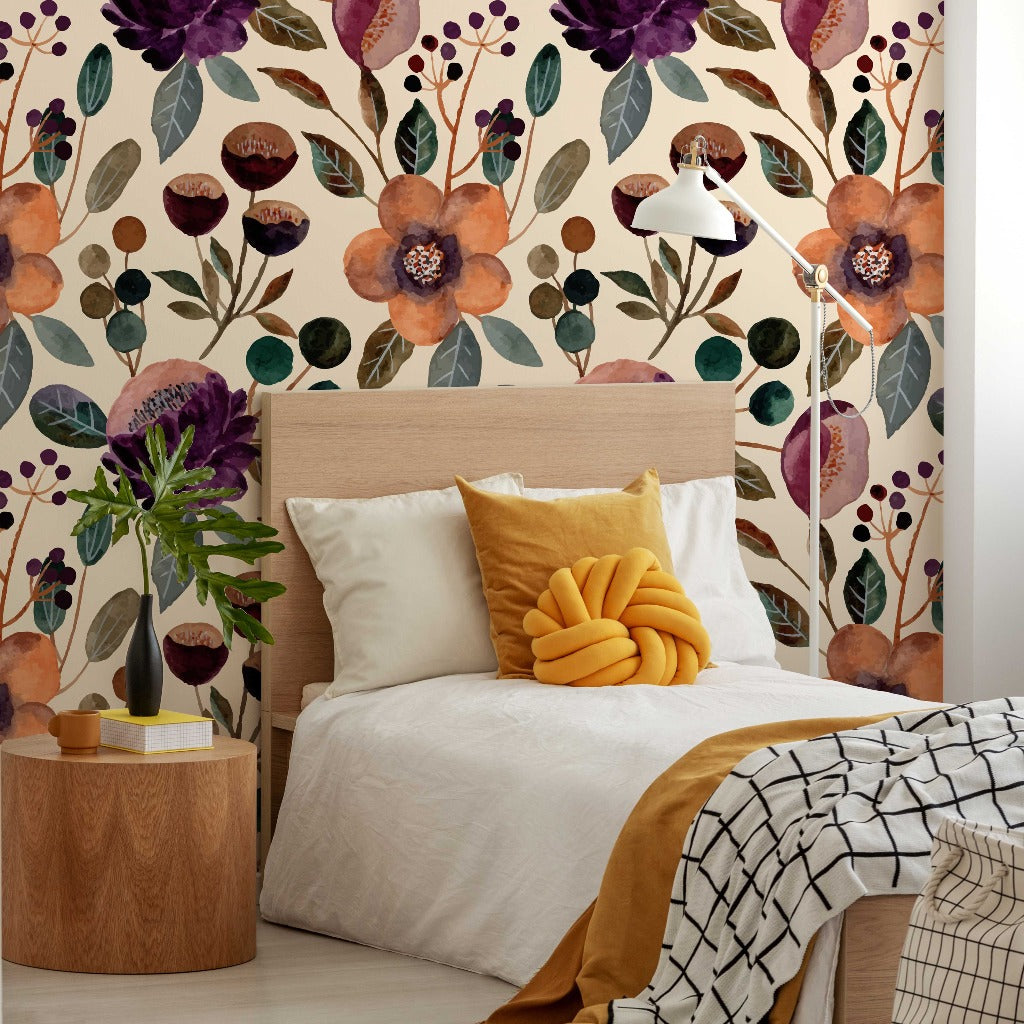 Boho bedroom with a beautiful seamless big pattern floral wallpaper mural 