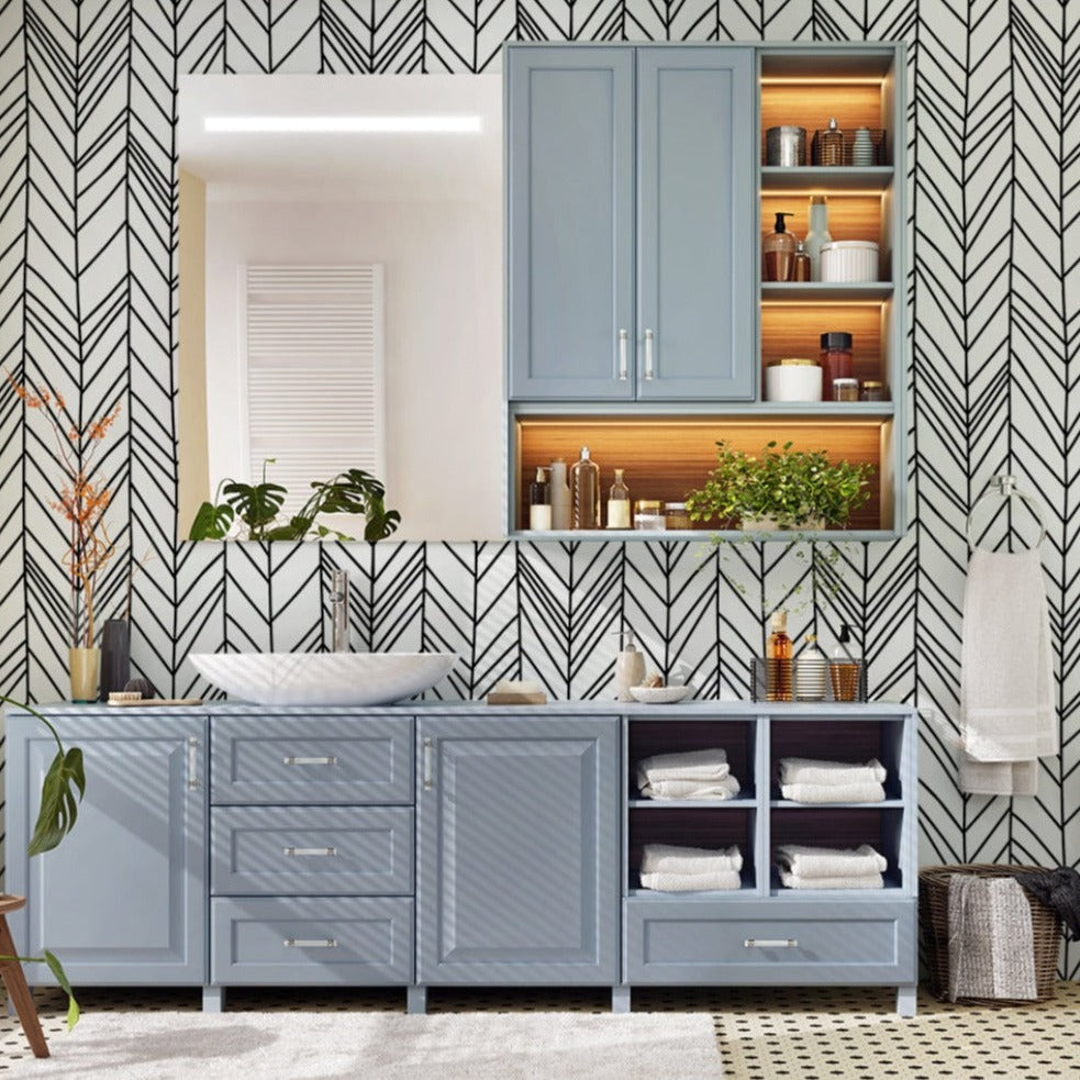 Black and white chevron geometrical wallpaper mural in the bathroom