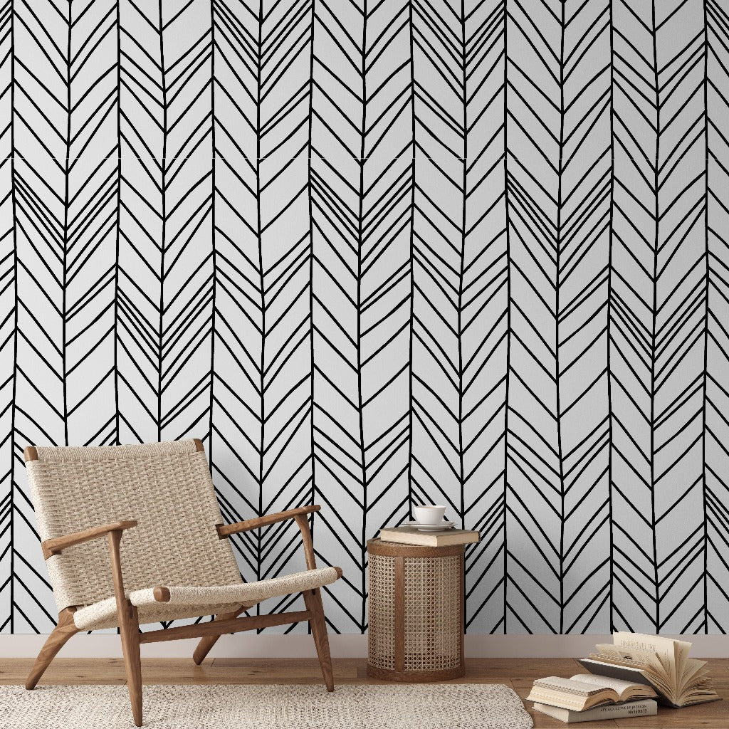 Black and white chevron geometrical wallpaper mural in the bathroom