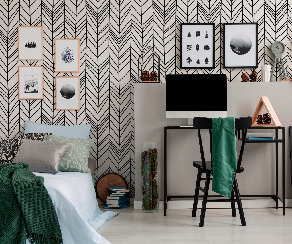 Black and white chevron geometrical wallpaper mural in the beroom