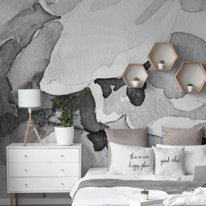 Bedroom - White and Minimal bedroom with watercolor mural