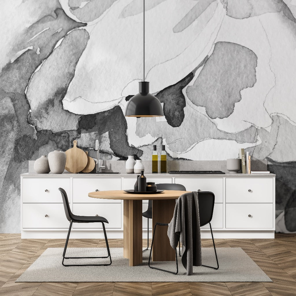 Dining Room with a mimal decoration and a watercolor black and white mural
