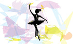 Artistic depiction of a Ballet Dancer Silhouette Wallpaper Mural from Decor2Go in mid-pose against a colorful abstract background with splashes of blue, pink, and yellow.