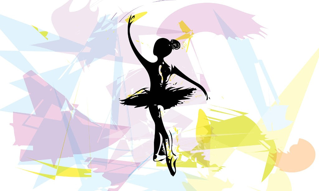 Artistic depiction of a Ballet Dancer Silhouette Wallpaper Mural from Decor2Go in mid-pose against a colorful abstract background with splashes of blue, pink, and yellow.