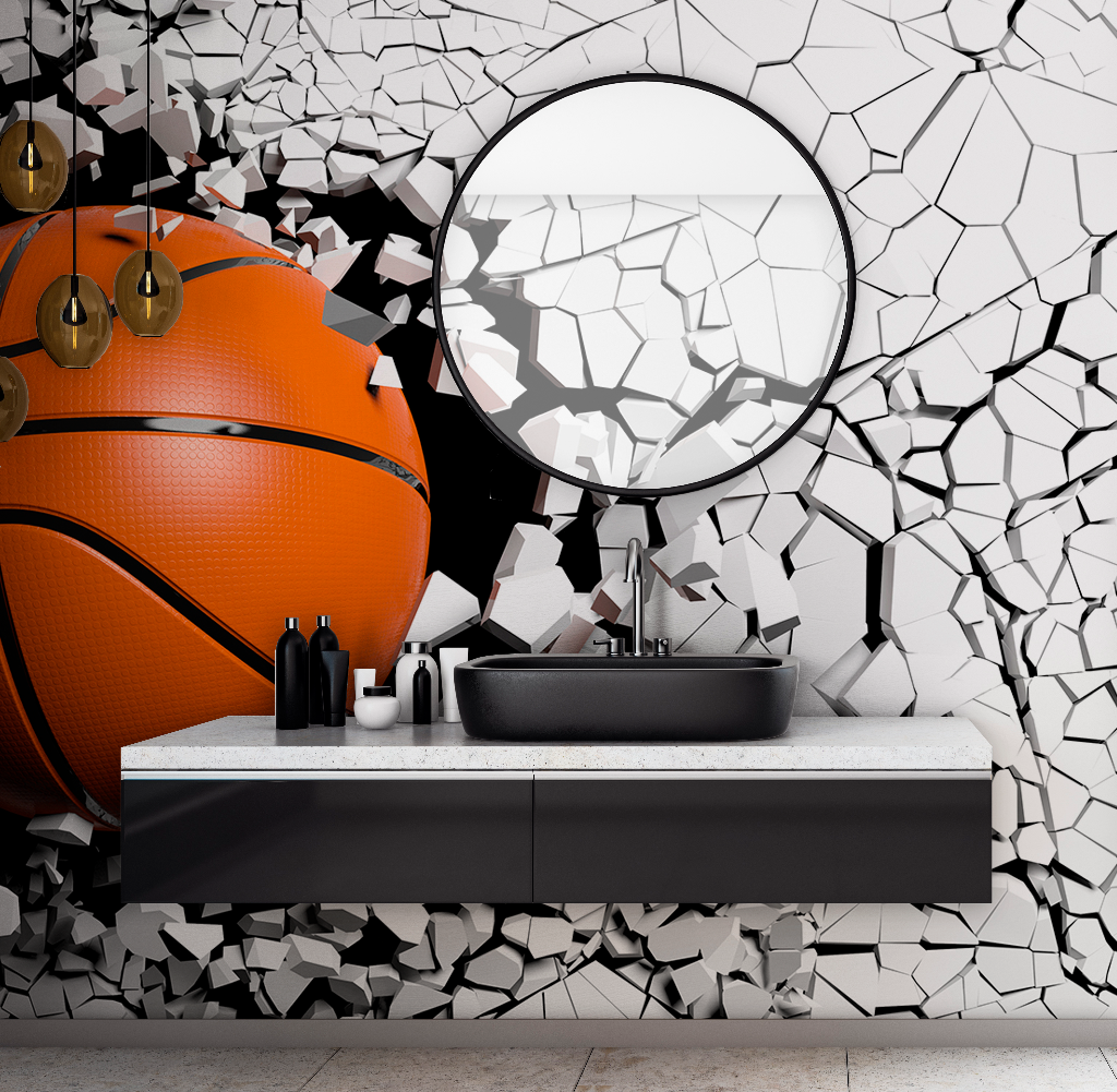 A large Basket Wrecking Ball bursts through a fragmented black and white tiled wall featuring a 3D patterns Decor2Go Wallpaper Mural in a modern bathroom, shattering the tiles around a black basin and round mirror.