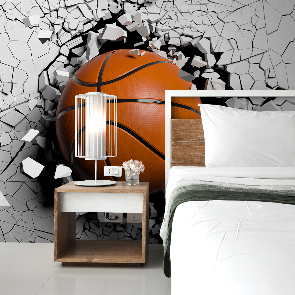 Bedroom - A 3D illustration of a large basketball breaking through a gray, shattered wall behind a modern bedroom setup with a simple bed and wooden nightstand, transformed into a Decor2Go Wallpaper Mural.