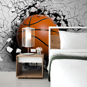 Bedroom - A 3D illustration of a large basketball breaking through a gray, shattered wall behind a modern bedroom setup with a simple bed and wooden nightstand, transformed into a Decor2Go Wallpaper Mural.