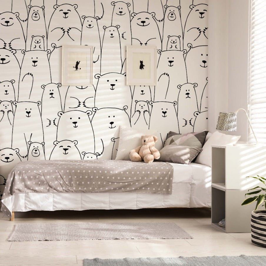 The cutest bear wallpaper mural in black and white
