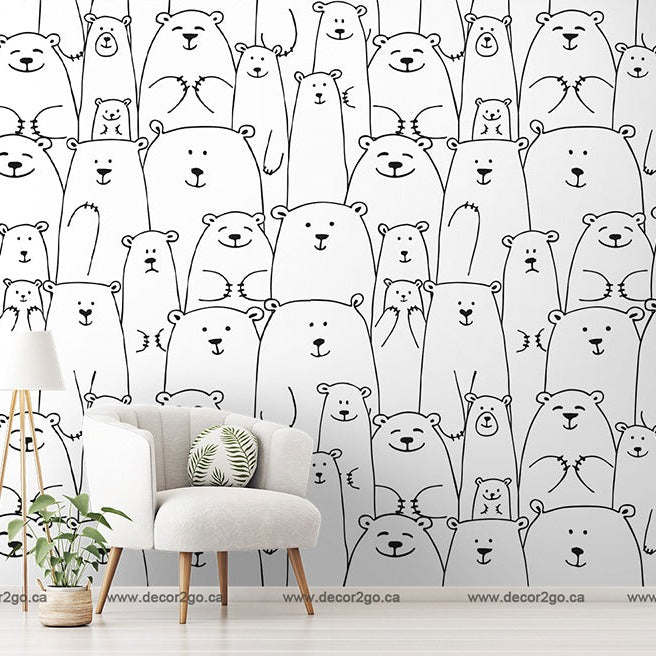 The cutest bear wallpaper mural in black and white