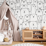 The cutest bear wallpaper mural in black and white