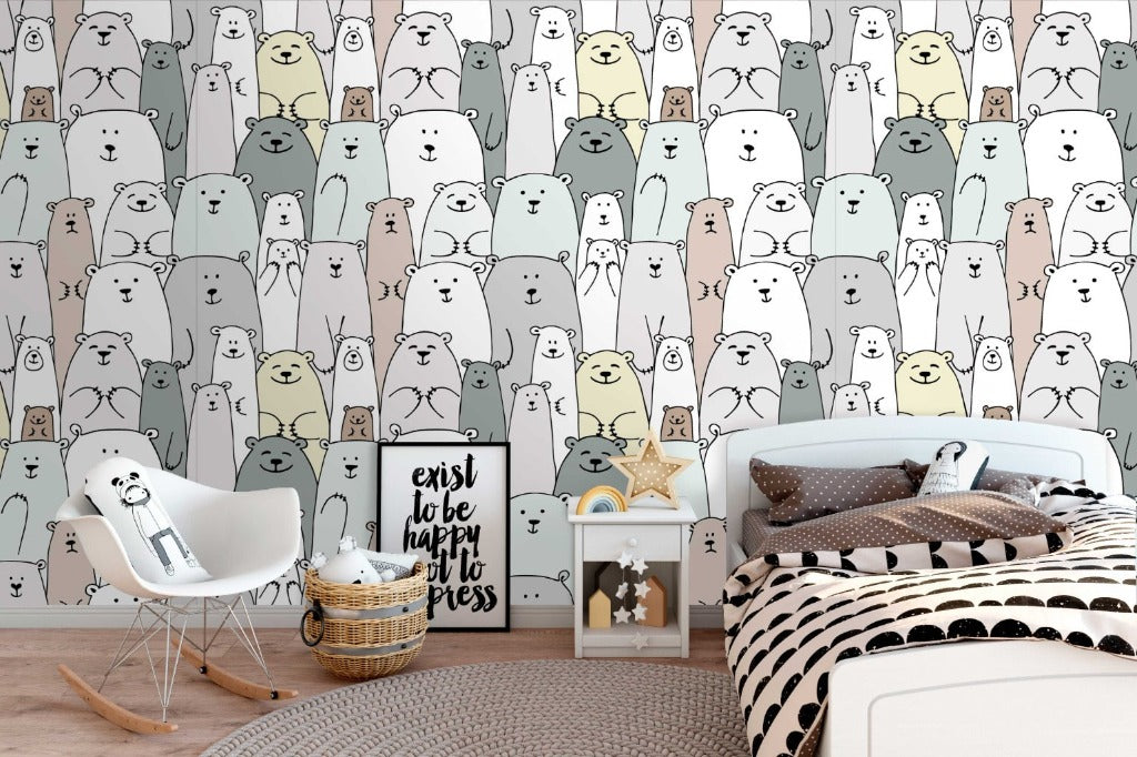 Kids room with soft and warm colors and bears wallpaper mural in the wall