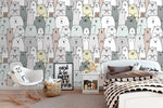 Kids room with soft and warm colors and bears wallpaper mural in the wall