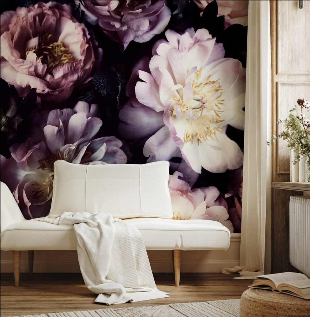 European living room style with dark purple floral wallpaper
