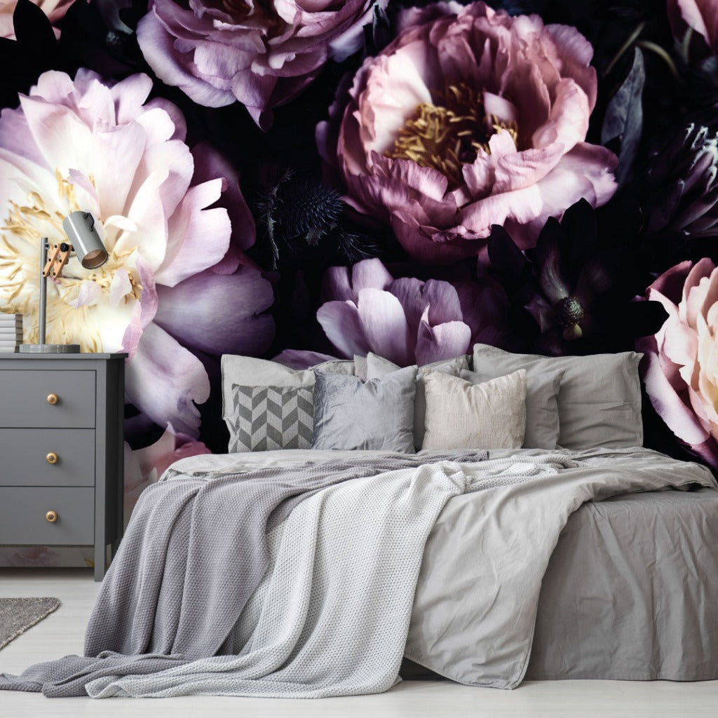 Bedroom - Luxury bedroom with dark peonies floral wallpaper