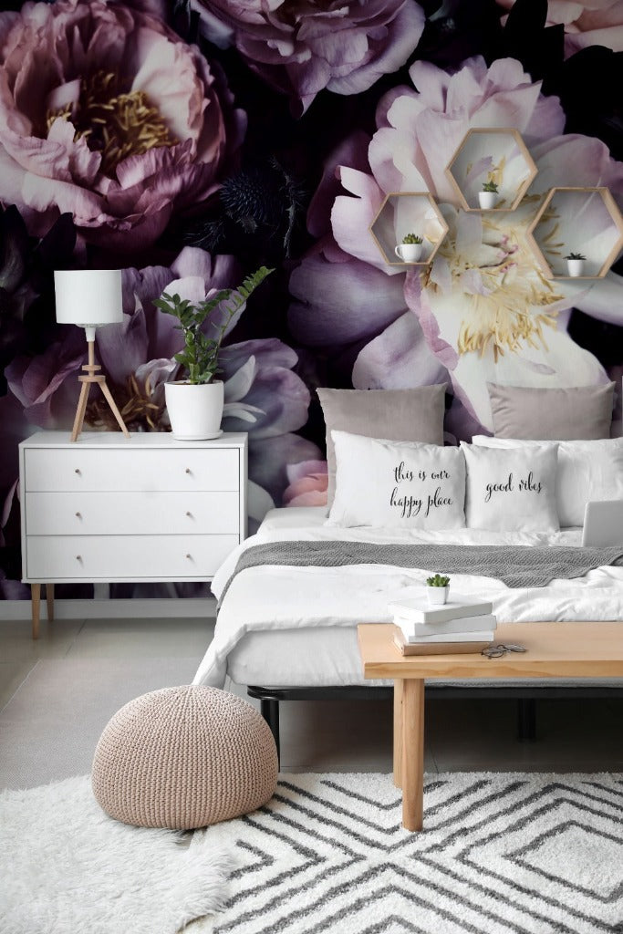 Bedroom with accent dark wallpaper mural