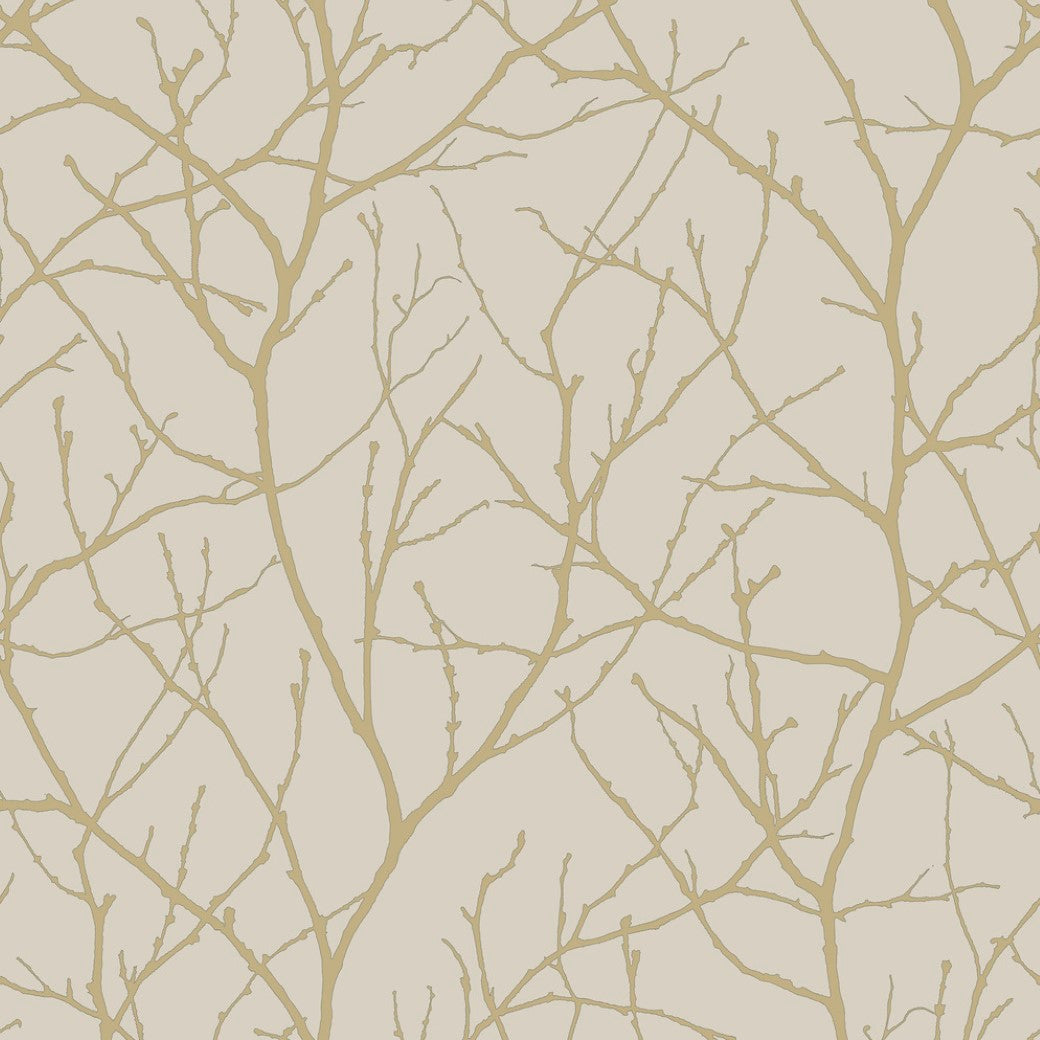 The Beige & Gold Trees Silhouette Wallpaper by York Wallcoverings displays a pattern of bare, branching twigs in light brown on a cream background with subtle metallic accents, part of the Modern Metals Collection, featuring symmetrical and evenly distributed design.