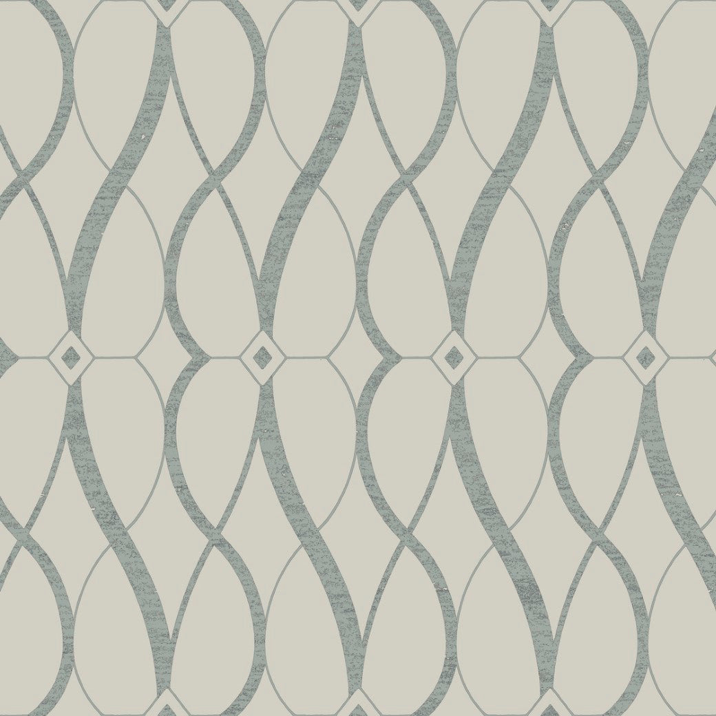 York Wallcoverings' Beige & Silver Graceful Geo Wallpaper (60 SqFt) showcases interlocking teal curves and diamond shapes on a light beige background, with a symmetrical and repetitive design enhanced by a subtle metallic finish for an elegant visual appeal.