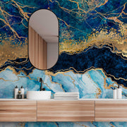 Bathroom - Luxury bathroom with blue and wall stone wallpaper mural