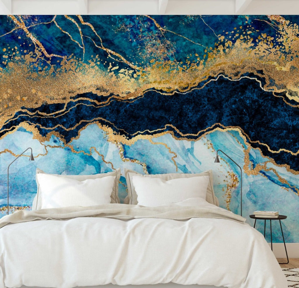 Bedroom with amazing gold and blue marble wallpaper