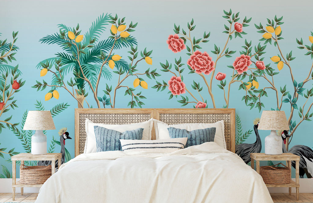 Birds of Paradise Wallpaper Mural in a cozy bedroom