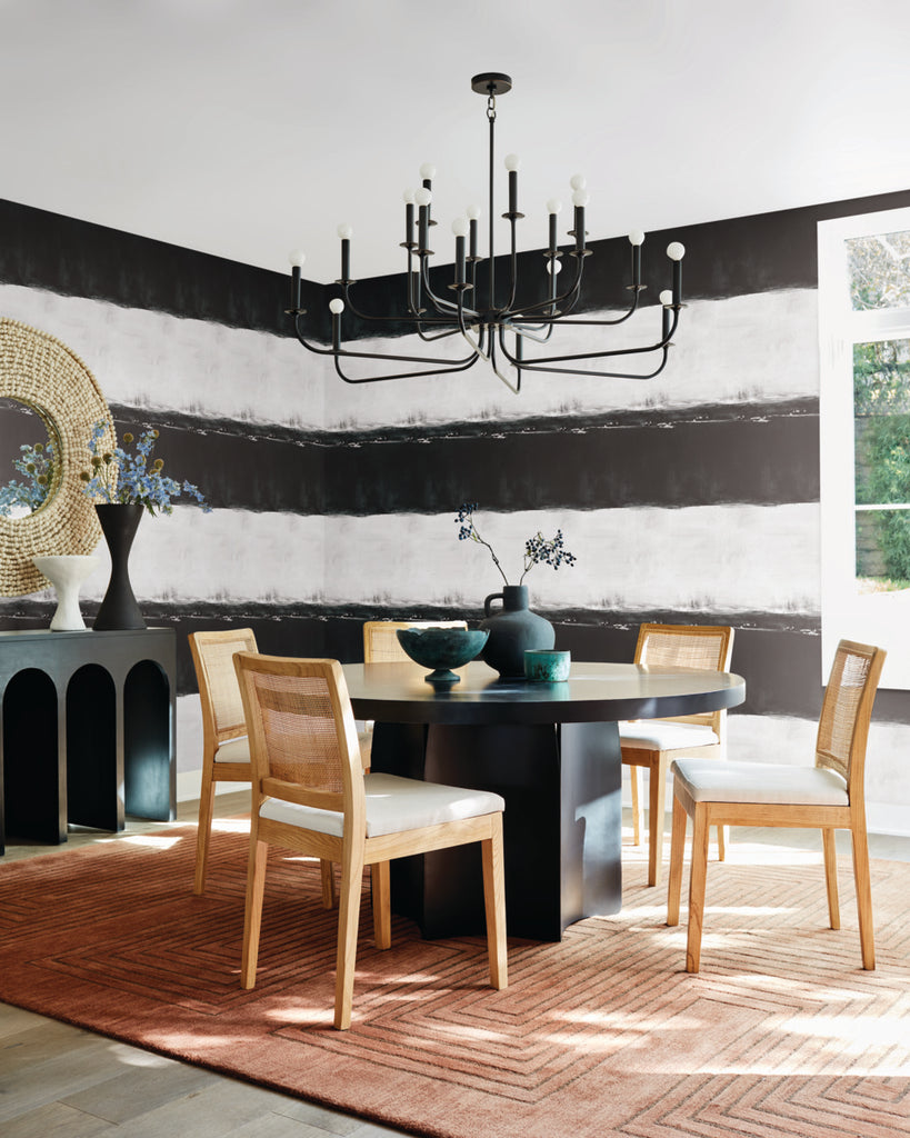 Modern dining room furniture with longitudinal striped wallpaper