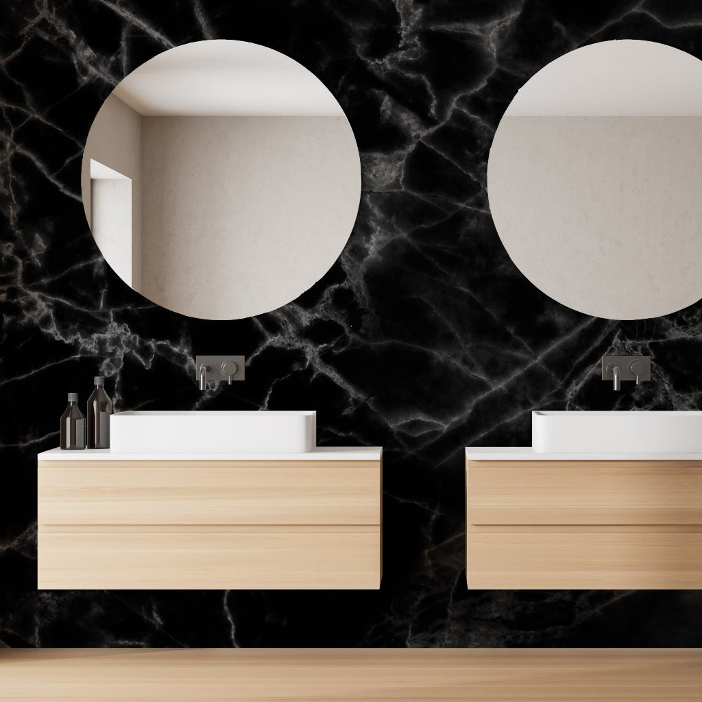 Bathroom - Modern bathroom interior with double sinks on wooden vanities against a Decor2Go Wallpaper Mural wall with two round mirrors. Luxurious visual impact and clean, elegant design.