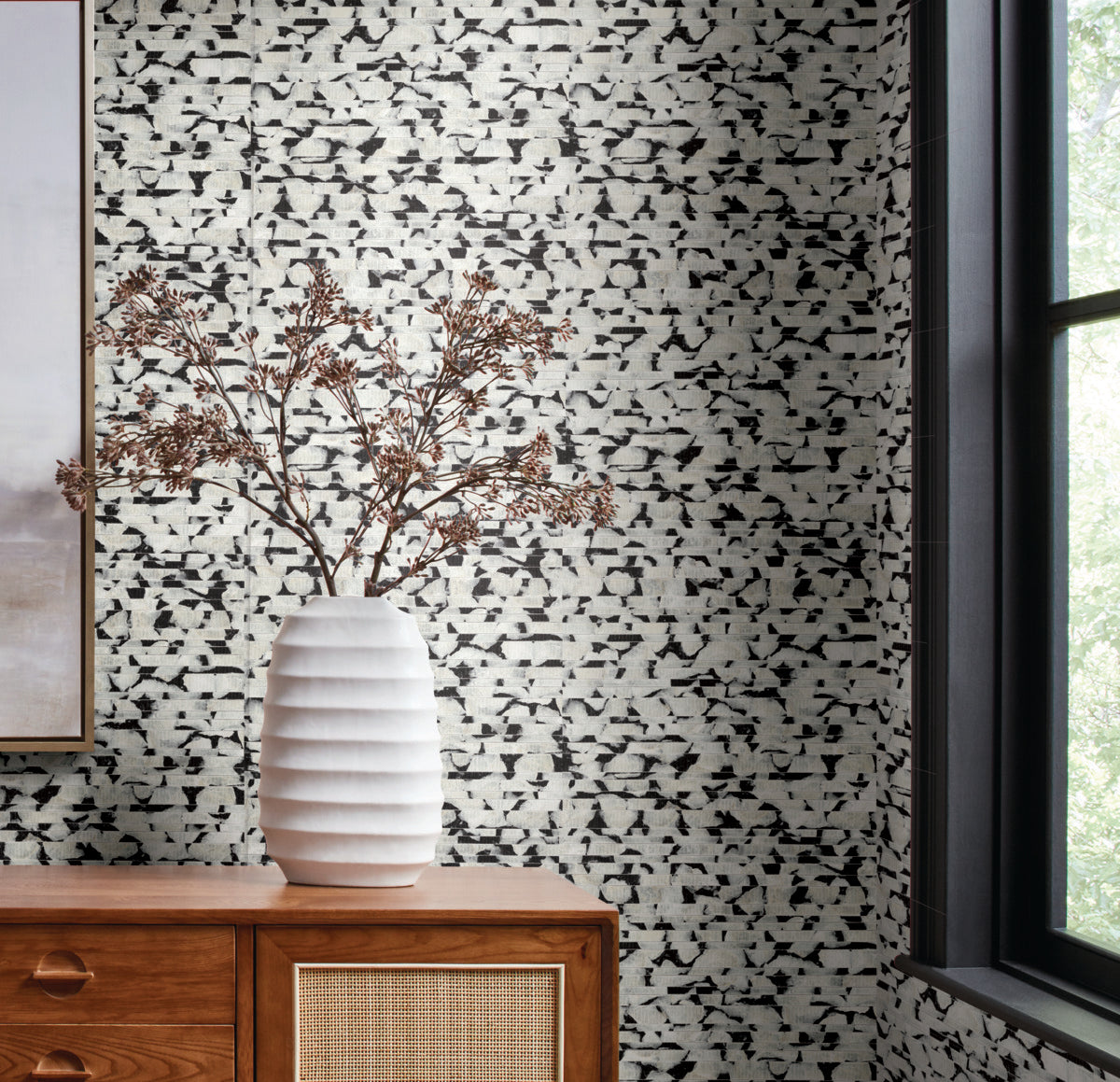Living Room - Modern with pearl textured wallpaper with vein prints