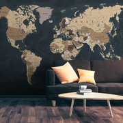 Living Room - Black and Brown World Map Wallpaper Mural in living room