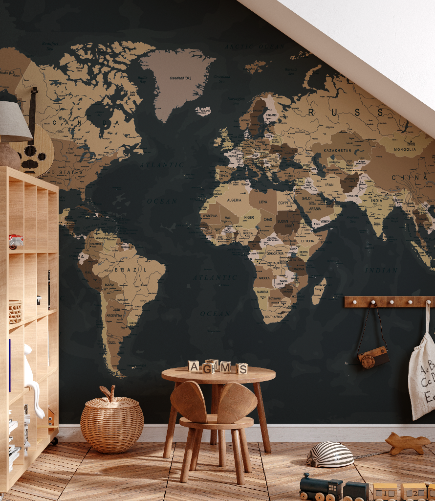 Black and Brown World Map Wallpaper Mural in play room