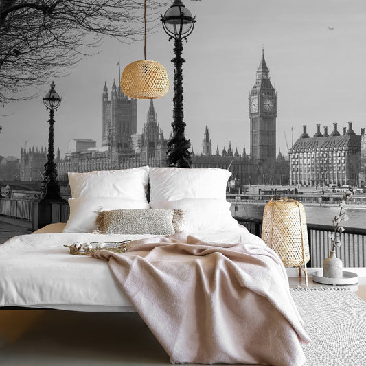 Black and White London Wallpaper Mural in a cozy bedroom