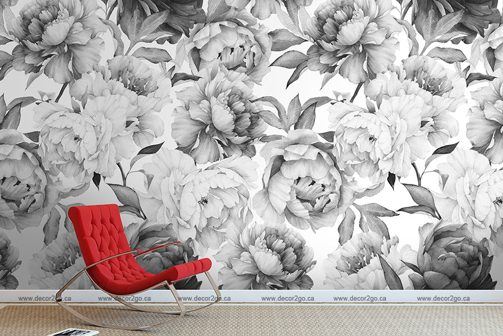 Living Room - Black and White Peonies Wallpaper Mural in the living room with red chair