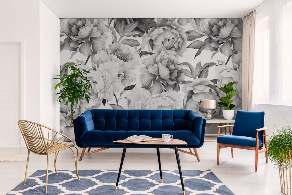 Living Room - Black and White Peonies Wallpaper Mural living room with blue couch