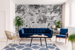 Black and White Peonies Wallpaper Mural living room with blue couch