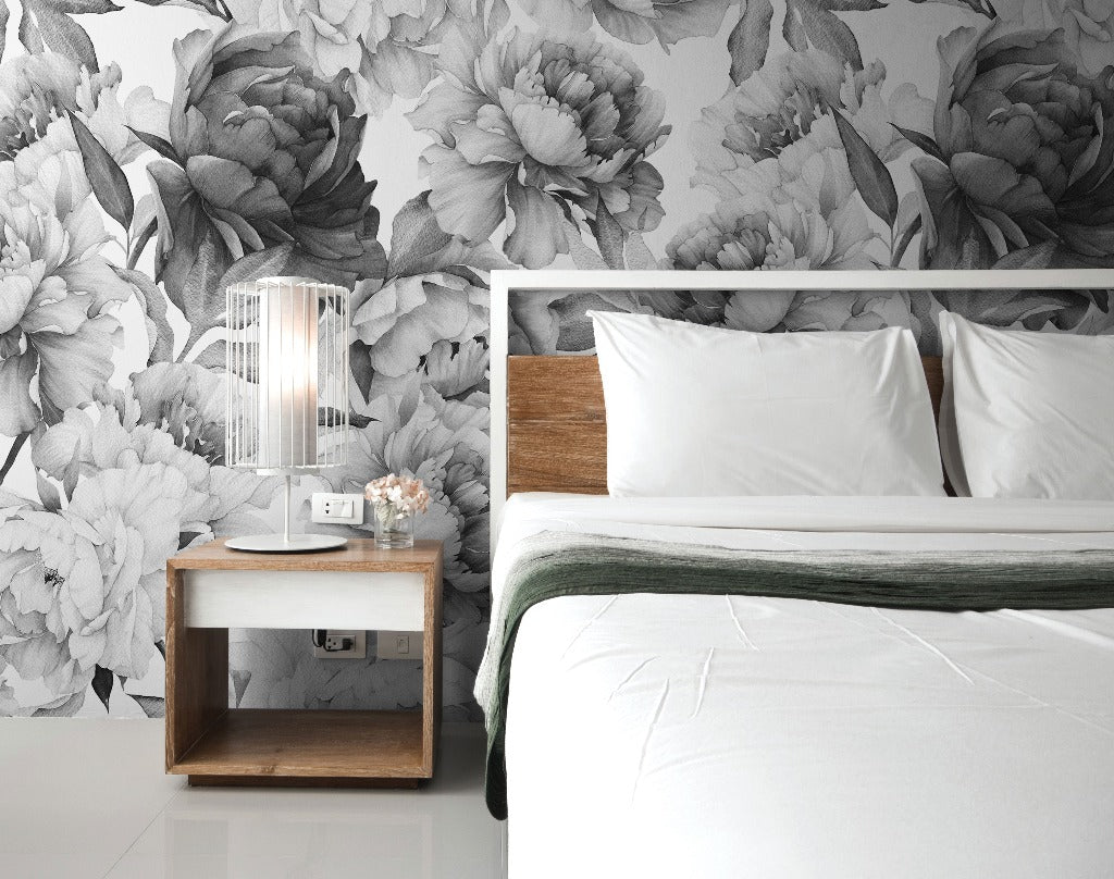 Bedroom - Black and White Peonies Wallpaper Mural in the bedroom