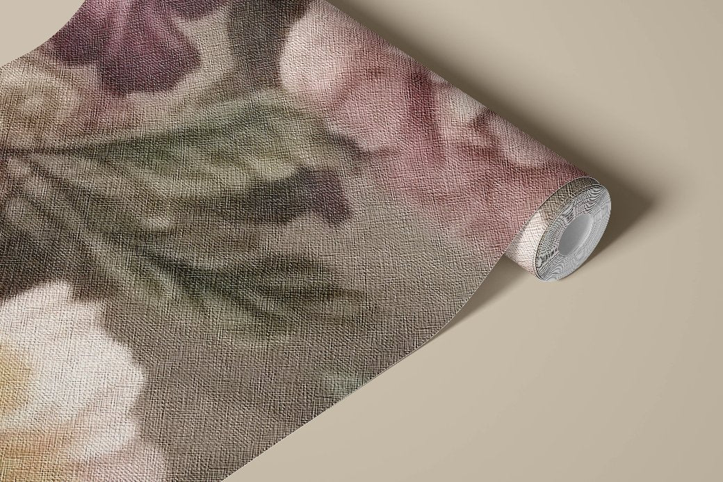 Introducing the Blooming Meadow Wallpaper Mural by Decor2Go, a roll of wallpaper featuring a textured appearance with a watercolor pattern of soft pink, white, and dark flowers accompanied by green leaves set against a neutral background.