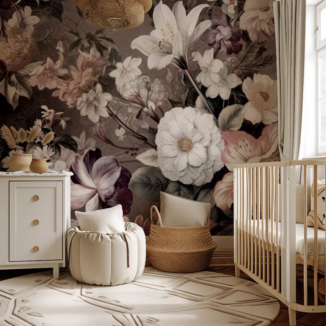Nursery - A cozy nursery features the Decor2Go Wallpaper Mural's Blooming Meadow wallpaper, a light wood crib, a white dresser, and soft poufs. A large basket holds additional cushions. The room is illuminated with natural light from a window, creating a warm and inviting atmosphere.